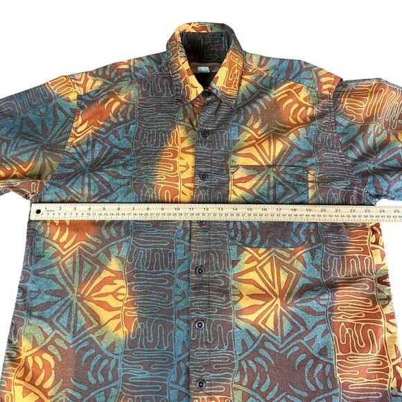 Johari West Shirt Men Sze L Teal Yellow Multi Batik Geometric Hawaiian Button Up - Picture 5 of 8